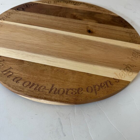 Christmas Acacia Wood Lazy Susan Rustic Table Jingle Bells Engraved Family Party - Picture 10 of 15